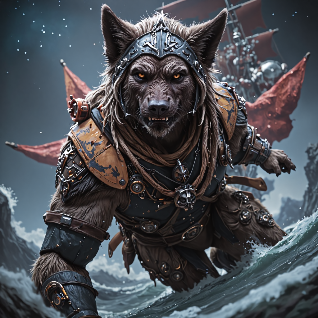 Close up Epic artwork of a cyberpunk space anthro wolverine male viking on its steampunk viking ship flying through space and time
