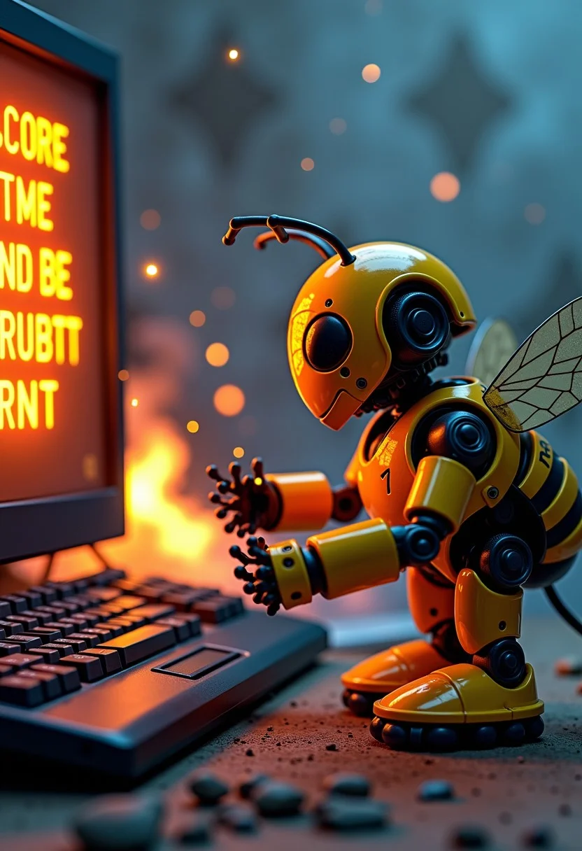 score_9, score_8_up, score_7_up, score_6_up, show me a bee robot fighting against error robots inside a pc, lcd display showing a text saying"maintence mode activated", on fire, tex on fire, epic scenario, bee robot fighting against evil robots,