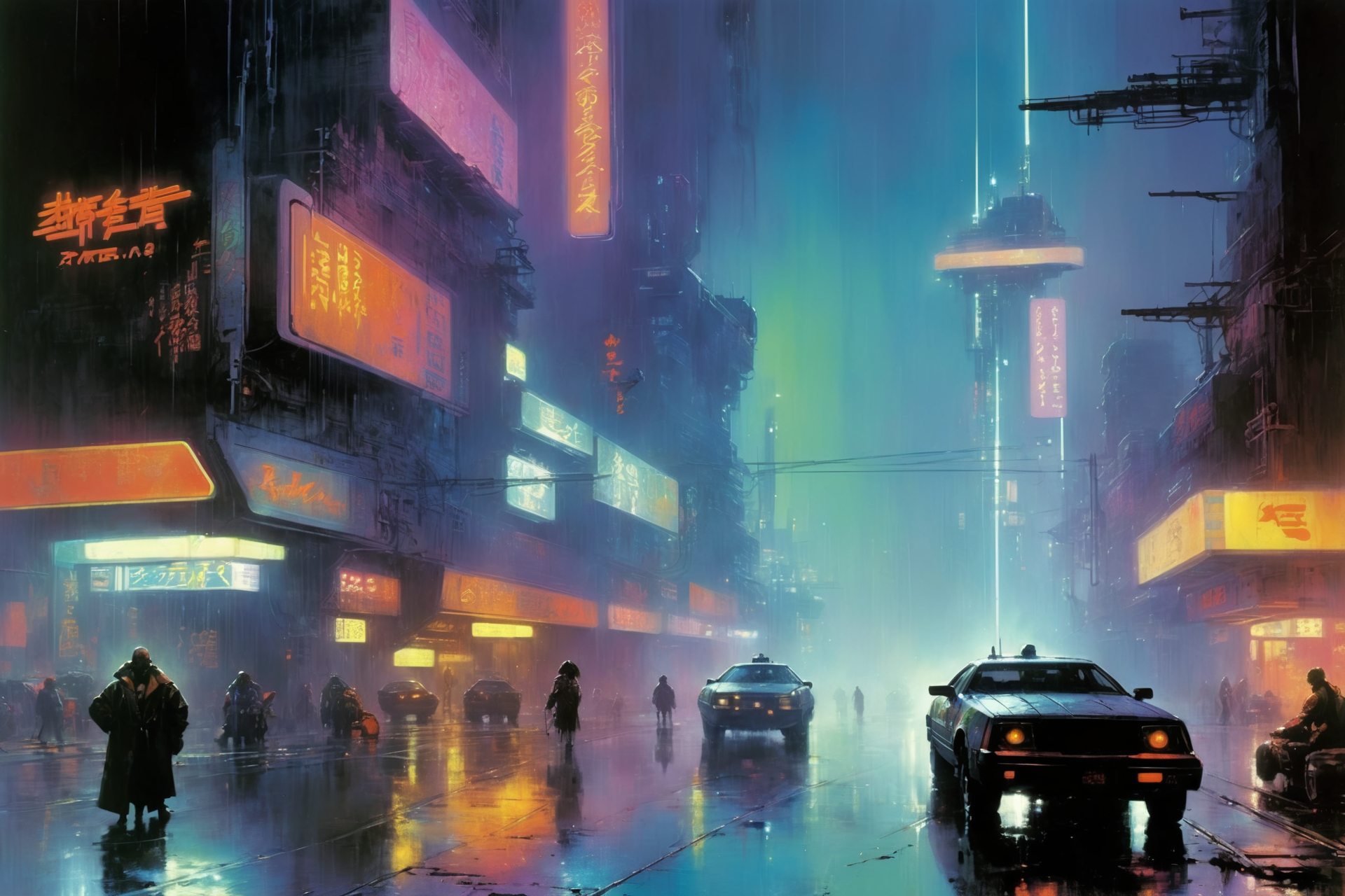 <lora:John Berkey Style:1> John Berkey Style page, cyberpunk cityscape, night, rain, neon lights, neon signs, dirt, garbage, fog, smoke, (masterpiece:1.2), best quality