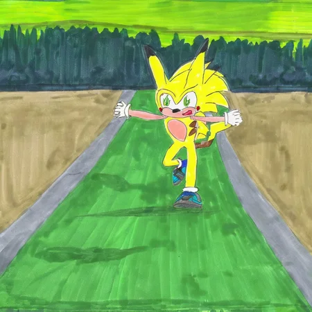 Chris Chan style,  furry male, yellow body fur, yellow hair, 1boy, solo, running, pokemon \(creature\), sonic \(series\), green background <lora:ChrisChanXL-000003:1>