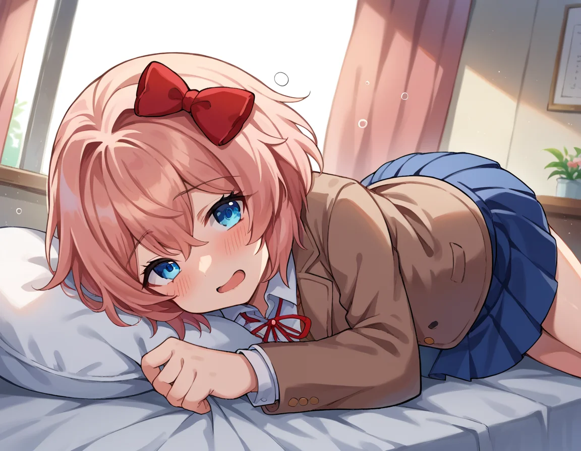 score_9, score_8_up, score_7_up, source_anime,
ddlcsayori, <lora:ddlc-sayori-ponyxl-lora-nochekaiser:1>
ddlcsayori, blue eyes, hair between eyes, hair bow, hair ornament, pink hair, red bow, short hair,
blue skirt, pleated skirt, school uniform, skirt, brown jacket, jacket,
indoors, bed, bed room, on side, blush, drunk,
looking at viewer, dutch angle, cowboy shot,