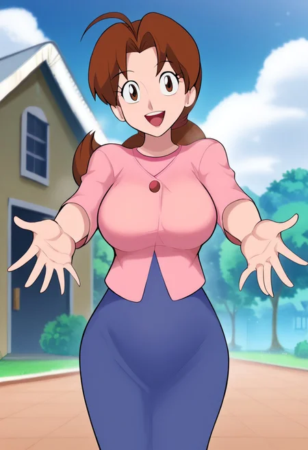 <lora:shadmancomic-guy-PONY-DORAv1:1>, shadcom, score_9, score_7_up, 1girl, solo, pink shirt, large breasts, blue skirt, pencil skirt, looking at viewer, presenting, depth of field, mature female, looking at viewer, delia ketchum, looking at viewer,  open mouth, teeth,
 1girl,, brown hair, ponytail, ahoge, long hair, parted bangs, brown eyes, hair tie, medium breasts, curvy body, big ass,  in front of house, giving a hug to the viewer, hug, smile, open mouth, reaching, standing, pink shirt, blue dress, happy, solo, pov,HI, reaching towards viewer, outdoors, shadcom, d0z0mur4_sknsfw,