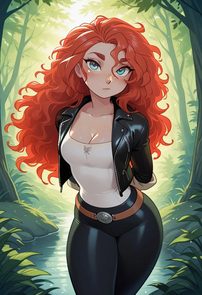 score_9, score_8_up, score_7_up, high detail, textured skin, volumetric lights, vivid colors, masterpiece, merunyaa
MeridaXL, red hair, blue eyes, curly hair, big hair, freckles,
Black leather jacket, open jacket, white blouse cleavage, tight pants,
1girl, solo, alone, detailed eyes, sexy,
looking at viewer, standing, Legs together,
Outdoors, standing next to motocykle,