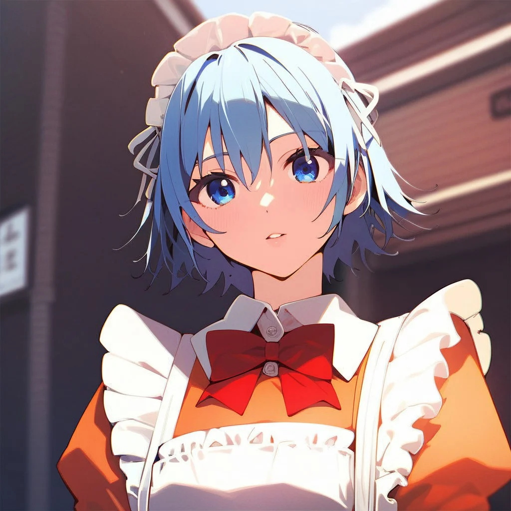 score_9, score_8_up, score_7_up, score_6_up, best quality, high detailed, BREAK
female, solo, long eyelashes, cute,
Chikoi the Maid, maid, white maids headband, blue hair, short hair, blue eyes, Red bow tie, orange maid suit
looking at you,
scenery porn, outdoors,
moonlight, low angle, face focus, background streets