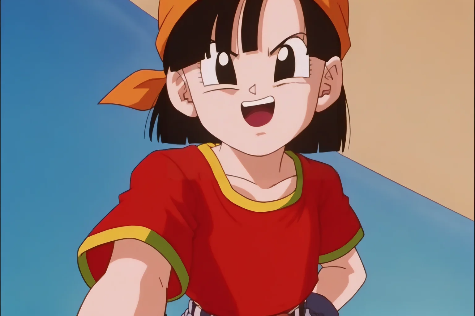 source_anime, score_9, score_8_up, score_7_up, anime screencap,8k, absurd res,
pan \(dragon ball\), 1girl, solo, looking at viewer, short hair, open mouth, black hair, gold trim, short sleeves, upper teeth, black eyes, v-shaped eyebrows, red shirt, close-up, orange bandana, female child, selfie, from below, upper body, grey pants, 1990s \(style\), belt, midriff, hand on hip, retro artstyle
<lora:panRemake_pony_v1:0.8>