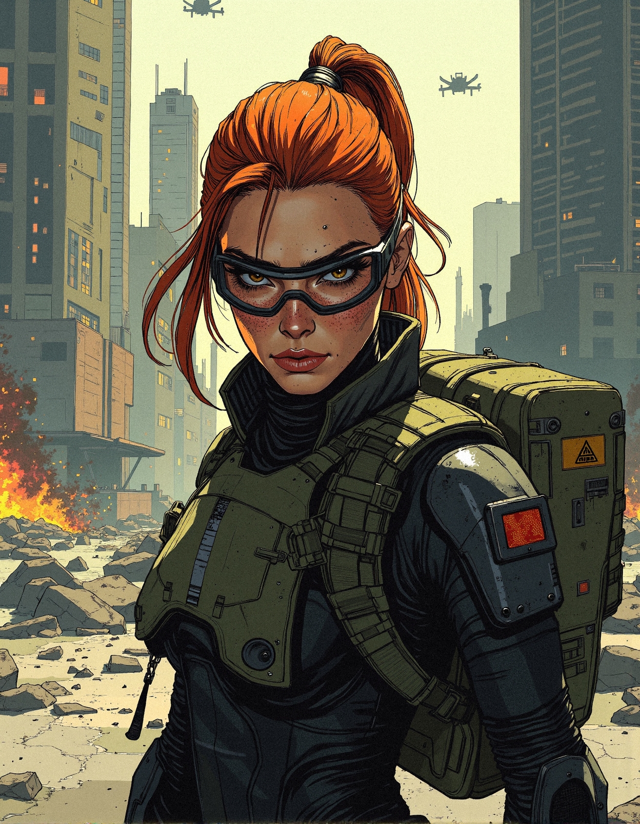 Comic book illustration, 2d
A high-definition, sci-fi cinematic portrait of a tactical specialist maneuvering through the war-torn ruins of a once-thriving megacity, her fierce hazel eyes scanning the chaotic battlefield ahead. Her fiery red hair, tied in a loose combat ponytail, glows under the pale daylight seeping through layers of industrial smog and smoke. Wearing a heavily armored black tactical suit with reinforced carbon-fiber plating, scuffed battle scars tell a story of relentless survival in a collapsing world. A pair of heavy-duty military goggles rest on her forehead, the thick, dust-covered lenses reflecting the silhouettes of towering cyberpunk skyscrapers shrouded in chaos. A small neural interface implant near her temple pulses faintly, indicating an active combat network link. Over her shoulder, a rugged, industrial-grade supply pack is secured tightly, marked with faded military insignias, built for extended missions in hostile environments. The background is an apocalyptic sprawl of shattered glass, overturned vehicles, and smoldering wreckage, with distant automated drones hovering in search patterns through the fog of war. Hyper-detailed rendering brings out every intricate texture, from the fabric creases in her suit to the weathered metal of her equipment, immersing the viewer in an intense and highly realistic sci-fi battlefield where survival is the only objective.
 <lora:FluxDFaeTasticDetails:0.3> <lora:Comic_Style_-_FLUX:0.6>