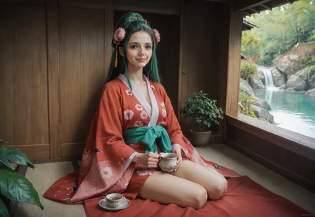 score_9, score_8_up, score_7_up, Hiyori, 1girl, solo, green hair, Kimono, young, thighs, happy, closed mouth, in minka, inside minka, luxury, sitting round japanese carpet, drink tea, japanese tea cup, vegetation, stream, water, rivulet, intricate details, like reality, hyper detailed, real life, candid photography, realistic photography,cinematic