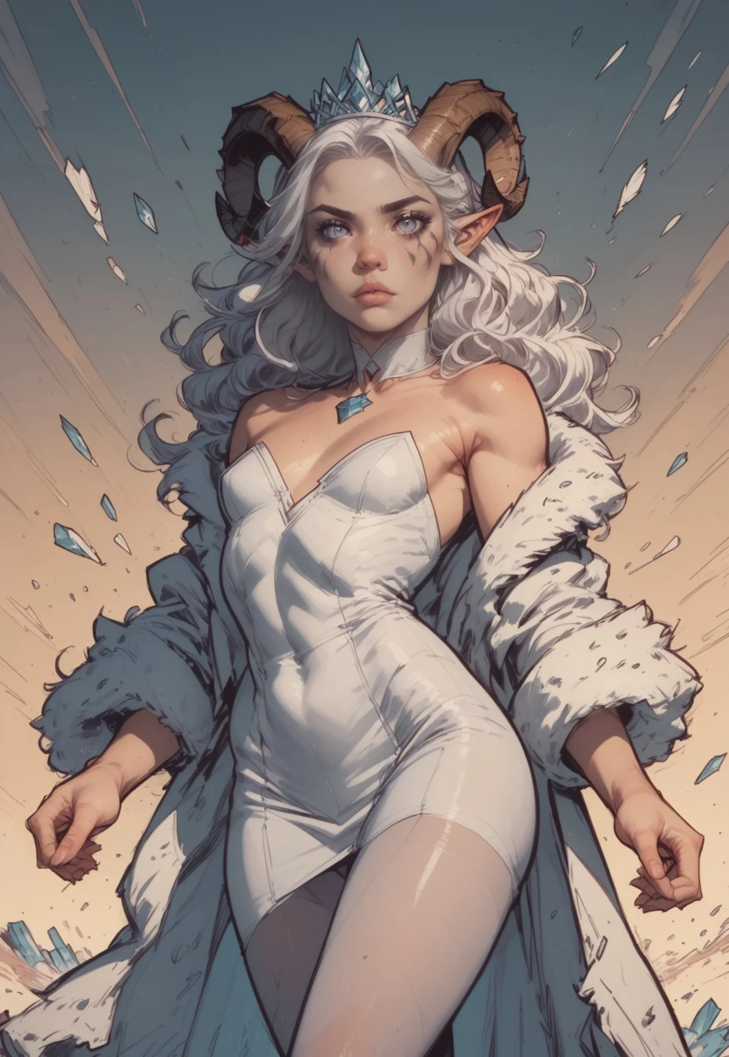 safe_pos, score_9, score_8_up, score_8_up, 1girl, horns, solo, long hair, pointy ears, white hair, lips, grey eyes/silver eyes, white choker, (curled horns), wavy hair, white dress, small breasts, ice tiara, detailed eyes, (emo girl makeup:1.2), (body suit:1.5), (pantyhose:1.2), high heels,(bodystocking:1.1), (white feather fur coat:1.4), (sultry expression:1.5), (ice magic:1.4), seductive, sultry, sexy, petite body, nighttime, ice crystals in background, intricate artwork, sharp, 8k, breathtaking, crystalline, filigree, hyperrealism, lush detail, perfectionism, sharp focus, 1girl, solo, ice castle, face focus, dramatic angle, ((dynamic sexy pose)), Expressiveh, high contrast, (((commix style))),