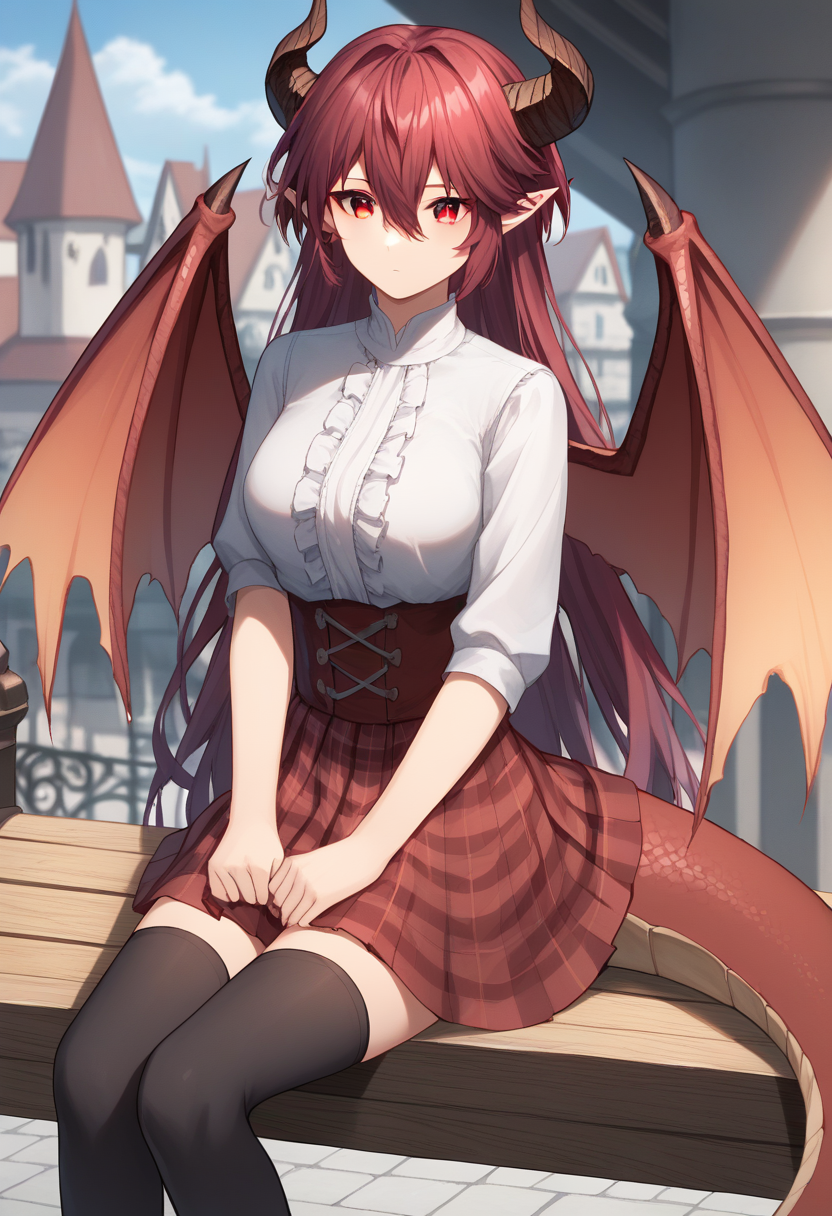 score_9, score_8_up, score_7_up, source_anime, 1girl, solo, grea, dragon wings, dragon tail, dragon horn, pointy ears, hair between eyes, very long hair, layered hair, short hair, hair over breasts, sidelocks, bangs, hair over shoulders, red eyes, white shirt, frills, plaid, red skirt, plaid skirt, black thighhighs, detailed eyes, sitting on bench, medieval city background