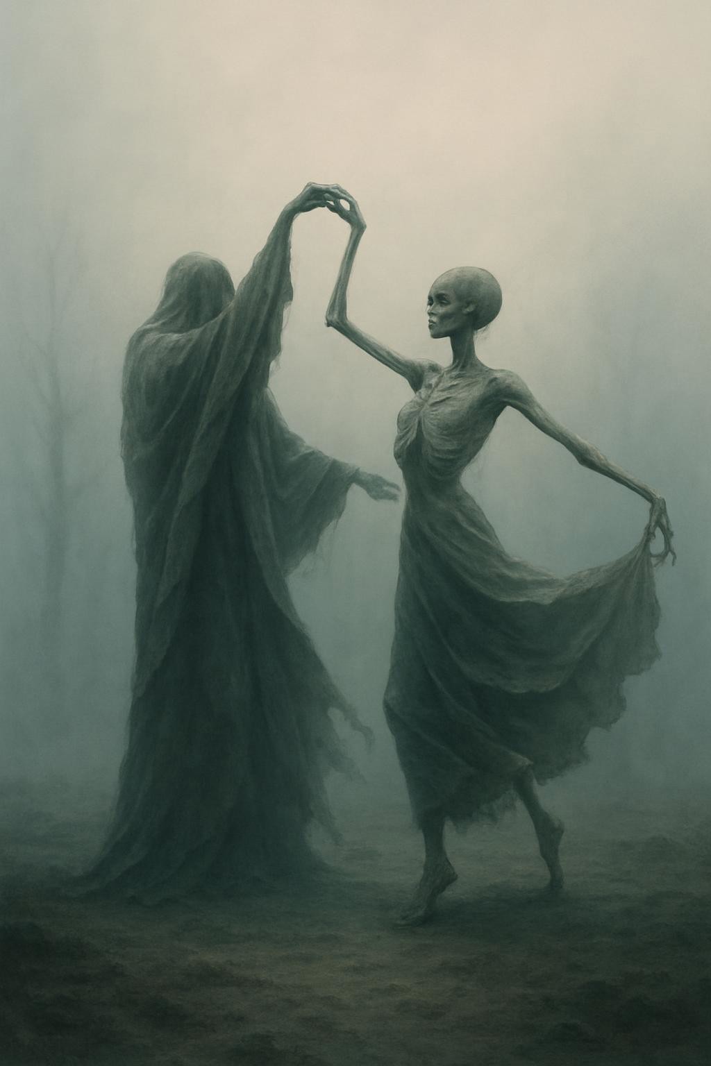 Dead can dance, misty morning, unreal shapes emerge from the fog, photo realism.
