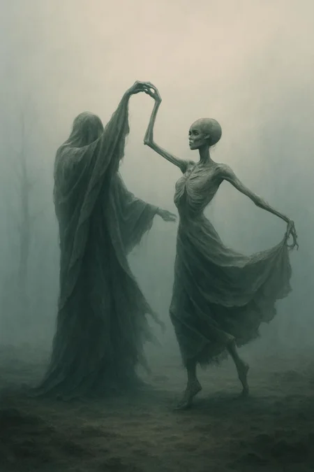 Dead can dance, misty morning, unreal shapes emerge from the fog, photo realism.