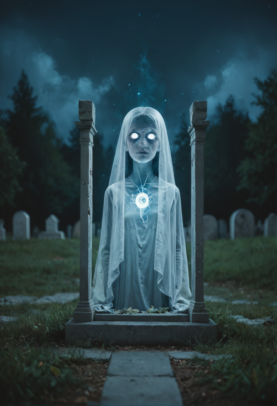 score_9, score_8_up, score_7_up  zPDXL3  (transparent ghost) ethereal figure, transparent fading body, fading hands, transparent, ghostly whiteskin,ghostly hair,  with hollow eyes, semi-transparent with a spectral light, detached, glowing amulet,  set in a forgotten graveyard, with crumbling headstones, lingering spirits, an eerie stillness, at night, amidst a thick fog  zPDXLrl