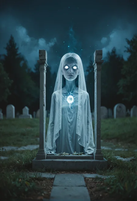 score_9, score_8_up, score_7_up zPDXL3 (transparent ghost) ethereal figure, transparent fading body, fading hands, transparent, ghostly whiteskin,ghostly hair, with hollow eyes, semi-transparent with a spectral light, detached, glowing amulet, set in a forgotten graveyard, with crumbling headstones, lingering spirits, an eerie stillness, at night, amidst a thick fog zPDXLrl