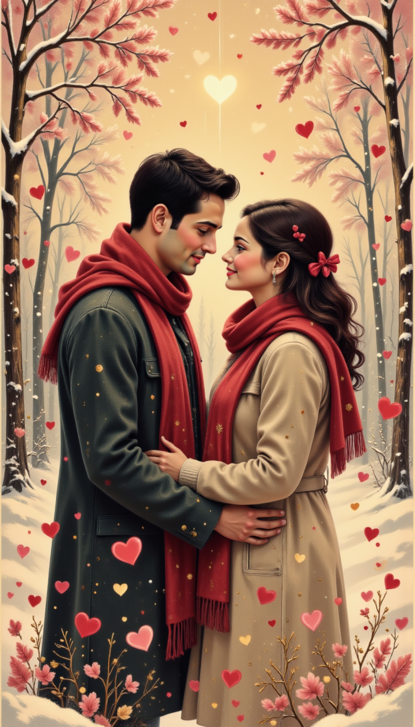 pinkvintagevalentine,
A cozy winter scene with a couple wrapped in a single scarf, their breath visible in the frosty air as they lean in for a kiss.