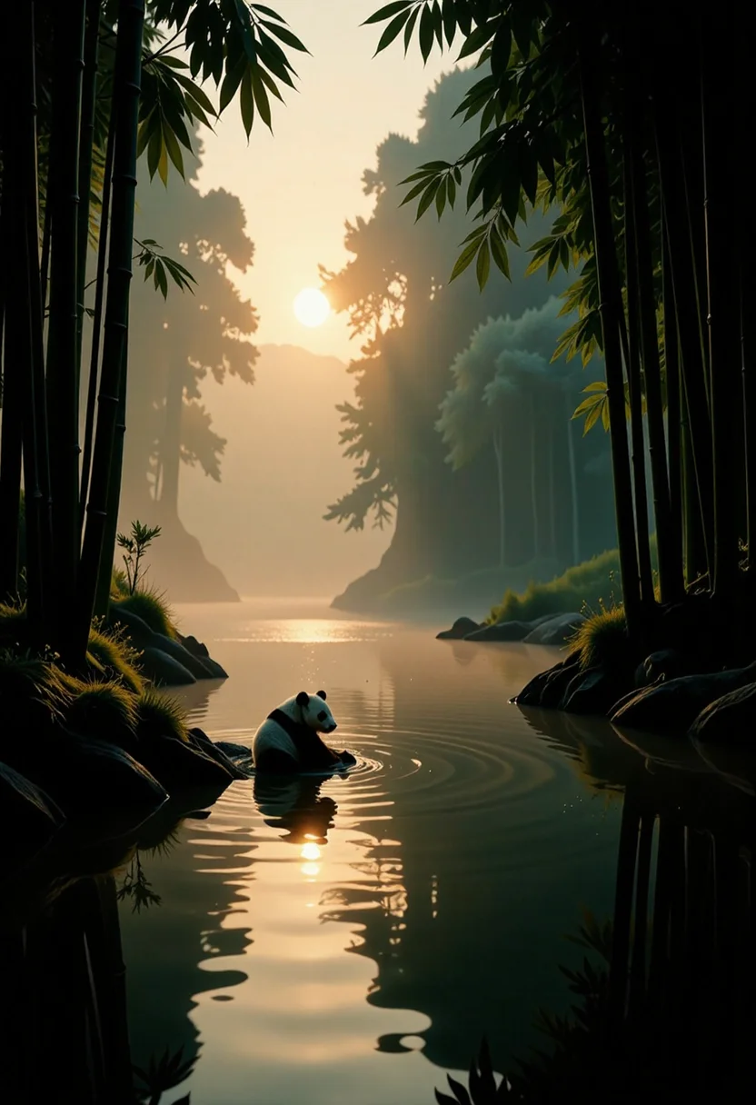 tranquil pond in a bamboo forest at dawn, sun is barely starting to peak over the horizon, panda lounges near the edge of the pond, atmospheric perspective through the mist of morning dew, sunbeams, its movements are graceful and fluid - creating a sense of harmony and balance, the pond's calm waters reflecting the scene, inviting a sense of meditation and connection with nature, style of Howard Terpning and Jessica Rossier,<lora:other/flux_realism_lora:1.0> <lora:flux/Magic of Art 2 (FLUX)> Cinematic style, Beauty, Realism, Photorealism, Chiaroscuro, High quality, <lora:flux/Sinfully_Stylish_.02_for_FLUX-000002> <lora:flux/mjv6_lora flux.safetensors_converted>,