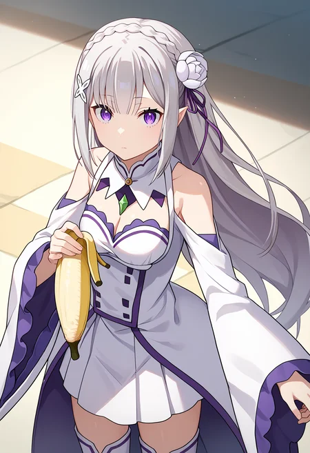 score_9, score_8_up, score_7_up, source_anime, rating_explicit,
BREAK
1girl, solo,
<lora:shiEmiliaV2:0.8> shimilia, long hair, grey hair, purple eyes, pointy ears, crown braid, hair flower, hair ribbon, purple ribbon, x hair ornament, white dress, cleavage, bare shoulders, wide sleeves, white thighhighs, thigh boots,
<lora:shiBananaV1:0.8>, shibanana, banana, holding,
looking at viewer, standing, expressionless,