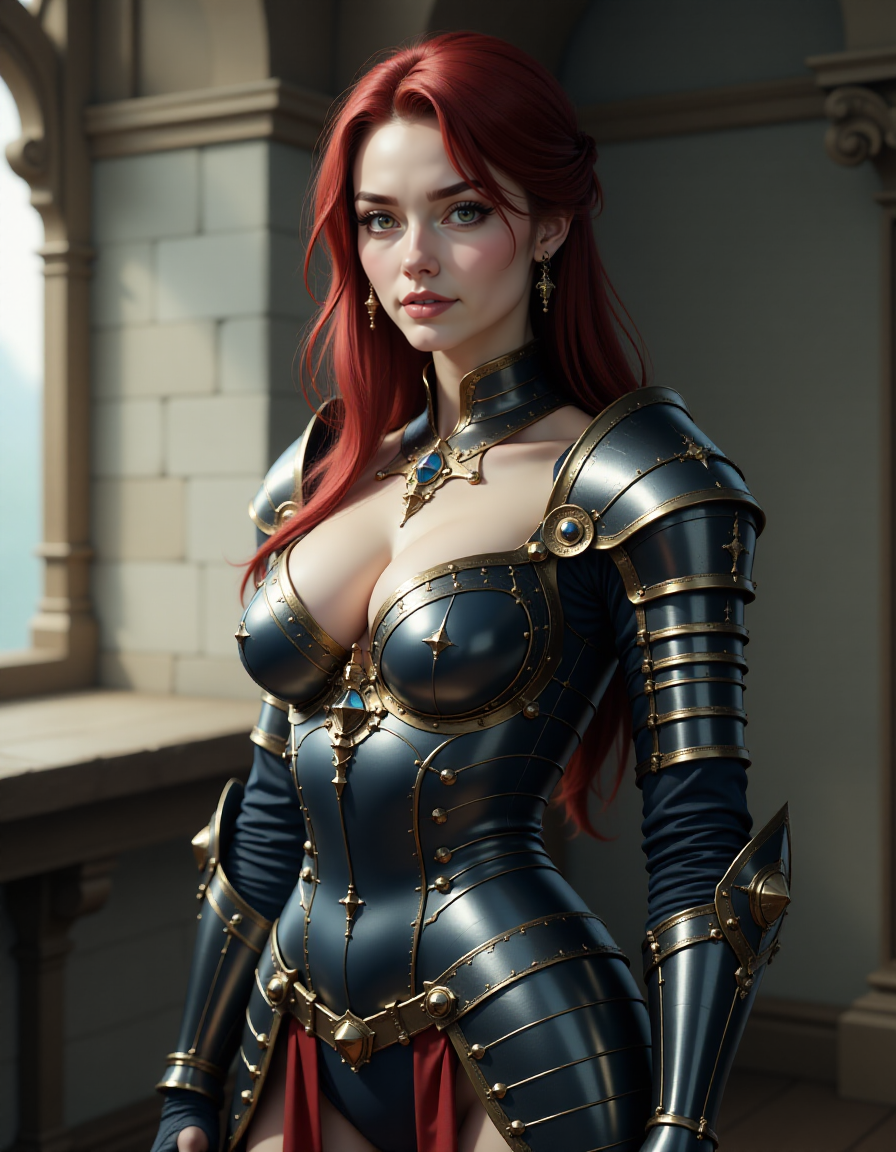 a nordish woman wearing Jed-Kngt, sexy knight armour, castle interior ,   <lora:flux-knight-000001:1> ,