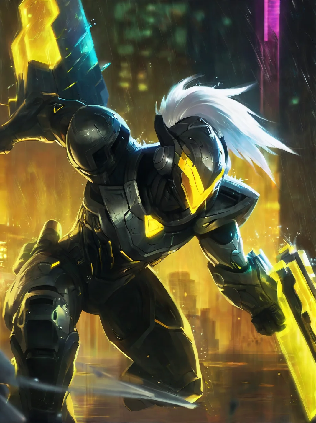 1boy,armor,battle,blurry,bodysuit,building,city,explosive,from side,glowing,glowing eyes,gun,helmet,holding,holding weapon,night,ponytail,rain,robot,science fiction,solo,source plan,weapon,white hair,yellow eyes,<lora:7c83695f:0.8>,