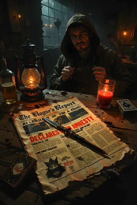 Under the flickering light of a lantern in a bustling underground tavern, a well-worn copy of The Rogueâs Report lies spread open across a table stained with old ale and candle wax. The bold, scarlet headline reads: âGHOST KING DECLARES AMNESTY â THIEVES AND ASSASSINS OFFERED JOBS IN THE ROYAL COURT!â A highly detailed ink portrait of the spectral ruler himself grins from the page, his ethereal crown hovering just above his transparent head. A dagger with a finely jeweled hilt has been casually stabbed through the paper, pinning it to the table as if to mark the importance of the news. Nearby, a deck of enchanted playing cards shuffles itself idly, flipping one over to reveal a joker that eerily resembles the Ghost Kingâs grinning visage. The scent of pipe smoke, damp stone, and aged leather fills the air, mingling with the ever-present murmurs of clandestine conversations in the shadows. A hooded figure seated at the table slowly drums their fingers against the wood, eyes scanning the words with interest, considering what such an offer might mean for the underworld. A single, flickering candle casts long, dancing shadows across the newspaper, making it seem as if the Ghost King himself is smirking in approval. Somewhere in the distance, a phantom bell chimes onceâa sign, perhaps, that the dead do indeed keep their promises. , detailed background Fantastic lighting. Detailed shadows.intricate details, vivid colors, hyper-detailed, ultra-sharp, , <lora:Luminous_Shadowscape-000016:0.4><lora:black_fantasy_1.0:0.4><lora:Glitchcore_Flux:0.4><lora:- Flux1 - vanta_black_V2.0:0.4>