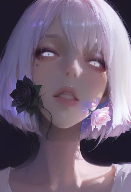 masterpiece, best quality, amazing quality, lldn, watercolor, detailed drawing, 1girl, flower, mole, solo, portrait, rose, glowing, mole under eye, parted lips, looking at viewer, simple background, black background, purple theme, glowing eyes, white eyes, short hair
<lora:ppw_v7_animv4_1_r2:0.6> <lora:748cm_illu:0.6> 7481llu <lora:69yottea_illu_v2:0.4> <lora:illustrious_all_rated_v1:0.6> masterpiece, best quality, very aesthetic, <lora:LLDN-IL:0.6>