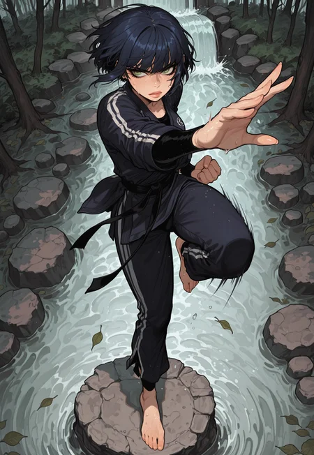 score_9, score_8_up, score_7_up, masterpiece, best quality, very aesthetic, 1woman, incoth, (incase:0.6), detailed face, (dynamic:1), 1woman, short hair, bobcut, dark blue hair, green eyes, zen garden, water stream, determined, stern, martial arts, lips, sweat, martial arts outfit, barefoot, standing on stone, on one leg, tensed up body, tension, tensed up, motion lines, soft wind, leafs