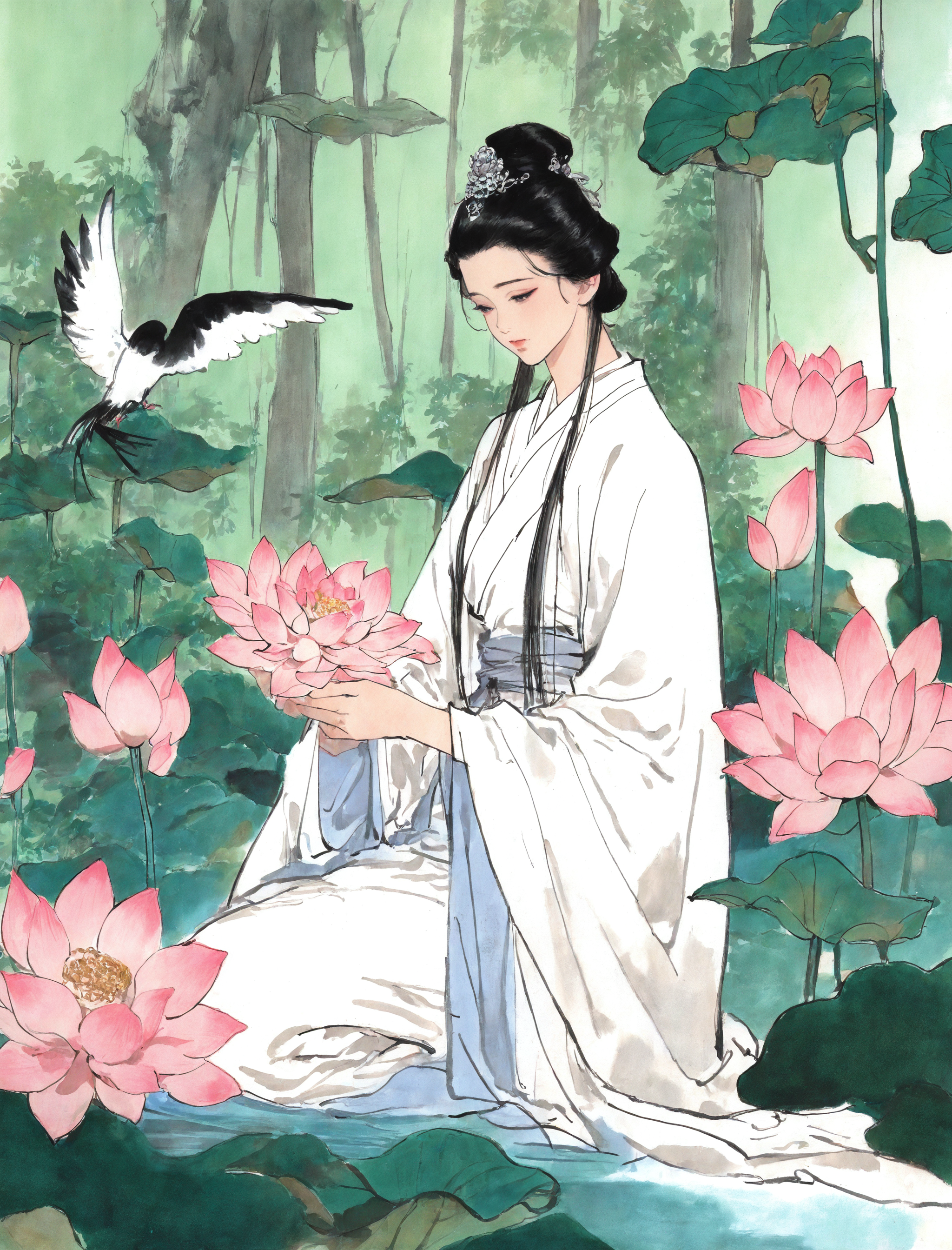 1girl, solo, long hair, black hair, long sleeves, hair ornament, dress, holding, sitting, flower, hair bun, bird, leaf, chinese clothes, single hair bun, plant, nature, pink flower, seiza, robe, white robe, lotus, hanfu
traditional media,
<lora:freehandink_NOOB1.0_V-PRED:1>
masterpiece, best quality, newest, absurdres, highres
