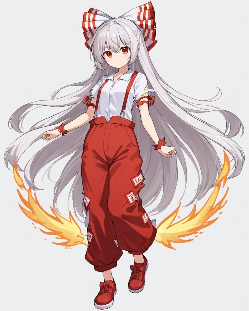 fujiwara no mokou,1girl, solo, hair_bow, white_background, white_shirt, red_pants, short_sleeves, simple_background, looking_at_viewer, one-hour_drawing_challenge, suspenders, red_footwear, red_bow, full_body, torn_sleeves, ofuda, shoes, looking_back, white_bow, twitter_username
<lora:fujiwara_no_mokou_image4672_2023-12-14-000008:1>,star-shaped_pupils,symbol-shaped_pupils,. gorgeous,key visual, vibrant, studio anime,award-winning, professional, highly detailed,high budget, cinemascope
