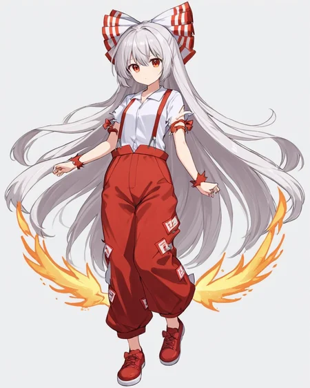 fujiwara no mokou,1girl, solo, hair_bow, white_background, white_shirt, red_pants, short_sleeves, simple_background, looking_at_viewer, one-hour_drawing_challenge, suspenders, red_footwear, red_bow, full_body, torn_sleeves, ofuda, shoes, looking_back, white_bow, twitter_username
<lora:fujiwara_no_mokou_image4672_2023-12-14-000008:1>,star-shaped_pupils,symbol-shaped_pupils,. gorgeous,key visual, vibrant, studio anime,award-winning, professional, highly detailed,high budget, cinemascope
