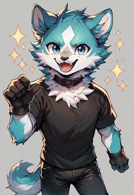 score_9, score_8_up, score_7_up, solo, shirou ogami, bna, 1boy, furry, black shirt, pants, gloves, collar, cute:1.3, chibi, happy, sparkle, simple background, looking at viewer, <lora:Shirou_Ogami:1>