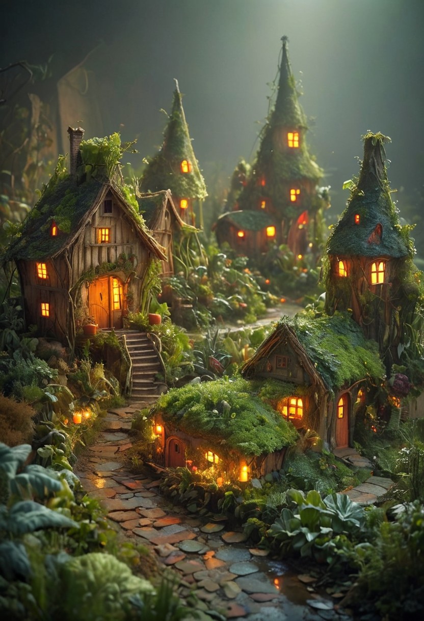Vegetables houses, Designed houses made from various vegetables. Picture a vibrant scene with carrot cottages, tomato towers, and leafy greens forming the village landscape. The atmosphere is mystic and dreamy, with soft, glowing lights illuminating the vegetable homes. Delicate details like tiny elf gardens, miniature bridges made of twigs, enhancing the enchanting feel of this vegetable wonderland.
[style of greg rutkowski,janek sedlar,jenny saville:0]  <lora:vivid_everclear:0.35>  <lora:Sinozick:0.35>  <lora:MJ52:0.35>