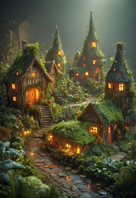Vegetables houses, Designed houses made from various vegetables. Picture a vibrant scene with carrot cottages, tomato towers, and leafy greens forming the village landscape. The atmosphere is mystic and dreamy, with soft, glowing lights illuminating the vegetable homes. Delicate details like tiny elf gardens, miniature bridges made of twigs, enhancing the enchanting feel of this vegetable wonderland.
[style of greg rutkowski,janek sedlar,jenny saville:0]  <lora:vivid_everclear:0.35>  <lora:Sinozick:0.35>  <lora:MJ52:0.35>