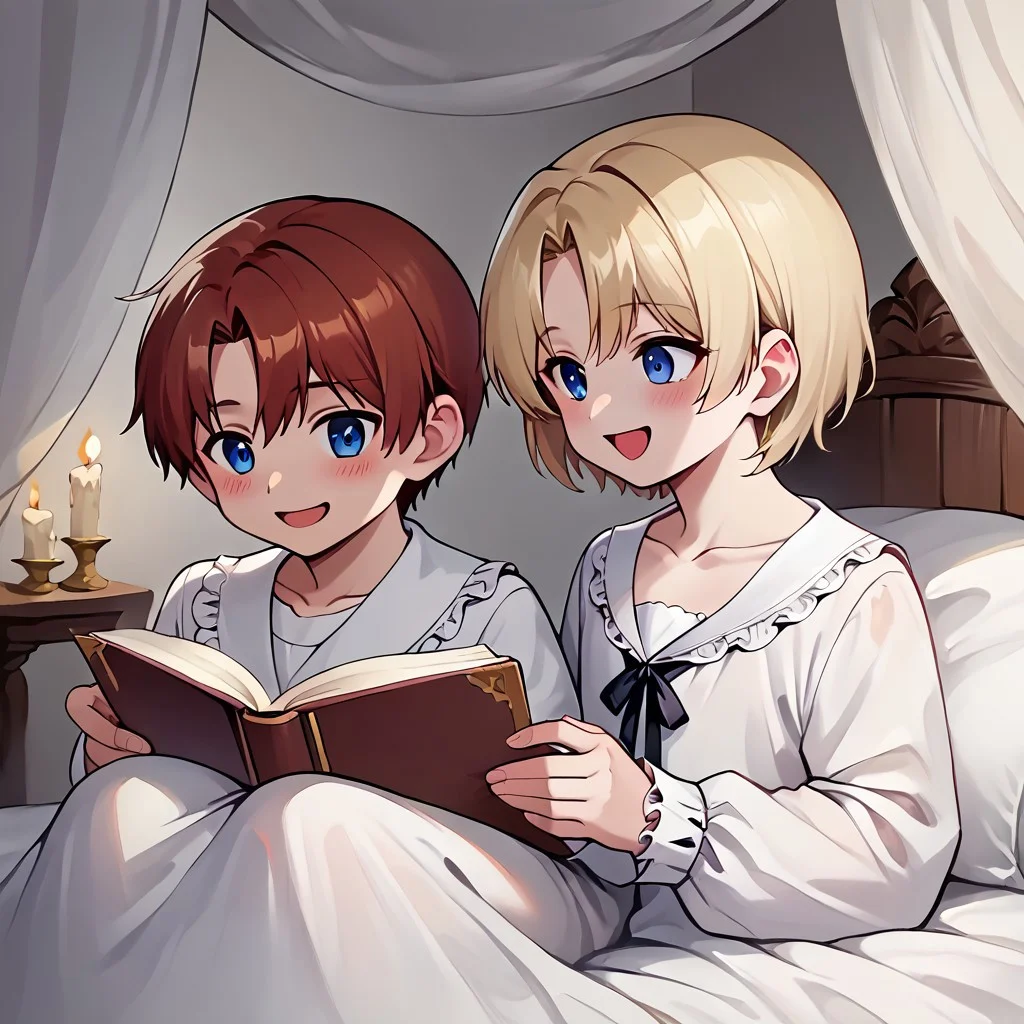 score_9, score_8_up, score_7_up, score_6_up, score_5_up, source_anime, painterly, 2boys, boy A and boy B, 18 years old, ((small body)), (same size), multiple boys, long sleeves, ruffle shirt, lace up, drawstring, large wooden headrest, nice fancy bedroom, (white nightgown:1.1), white nightshirt, [dress], white pajamas, victorian era, sitting up in bed, collarbone, white blankets, canopy bed, leaning back on large pillows, ((big white pillows)), [candlelight], (dark light), reading a book, looking at book, soft warm lighting, (absurd detail), (masterpiece:1.1), (high quality), (4k), (detailed anime, anime artwork), straight hair, holding a large book, reading, close up, cozy, (shoulder to shoulder), resting on pillows, next to each other, on bed, warm light, straight hair <lora:m1n0XLP:0.5> m1n0, ((high_quality)), ((Super_Detailed)), from side
BREAK boy A(((light blonde hair)), ((bangs)), hair between eyes, blue eyes, soft smile, closed mouth, [blush], turning head to look at boy B, looking over shoulder, turning, looking at boy B),
BREAK boy B(auburn hair, parted bangs, golden eyes, open mouth, [laughing]),