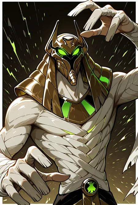 <lora:snareoh-07:1> snareoh, solo, male focus, no humans, 1boy, glowing eyes, green eyes, brown helmet, monster, mask, egyptian clothes,mummy bandages, mummy, massive hands, Cartoon, dynamic pose, masterpiece, best quality, amazing quality, very aesthetic, absurdres, newest,, upper body, halftone effect, white borders, abstract background:1.2,