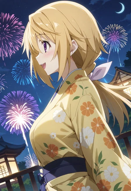 score_9, score_8_up, score_7_up, source_anime, masterpiece, best quality,perfect anatomy,rating_sage,charl, other,yellow flower print kimono,large breasts,blush,tareme,drooping eyes,shiny skin,outdoors,night,moon,fireworks,starry sky,,dynamic angle,dutch angle,solo focus,side view,smile,happy,looking up <lora:charl.pony:1>
