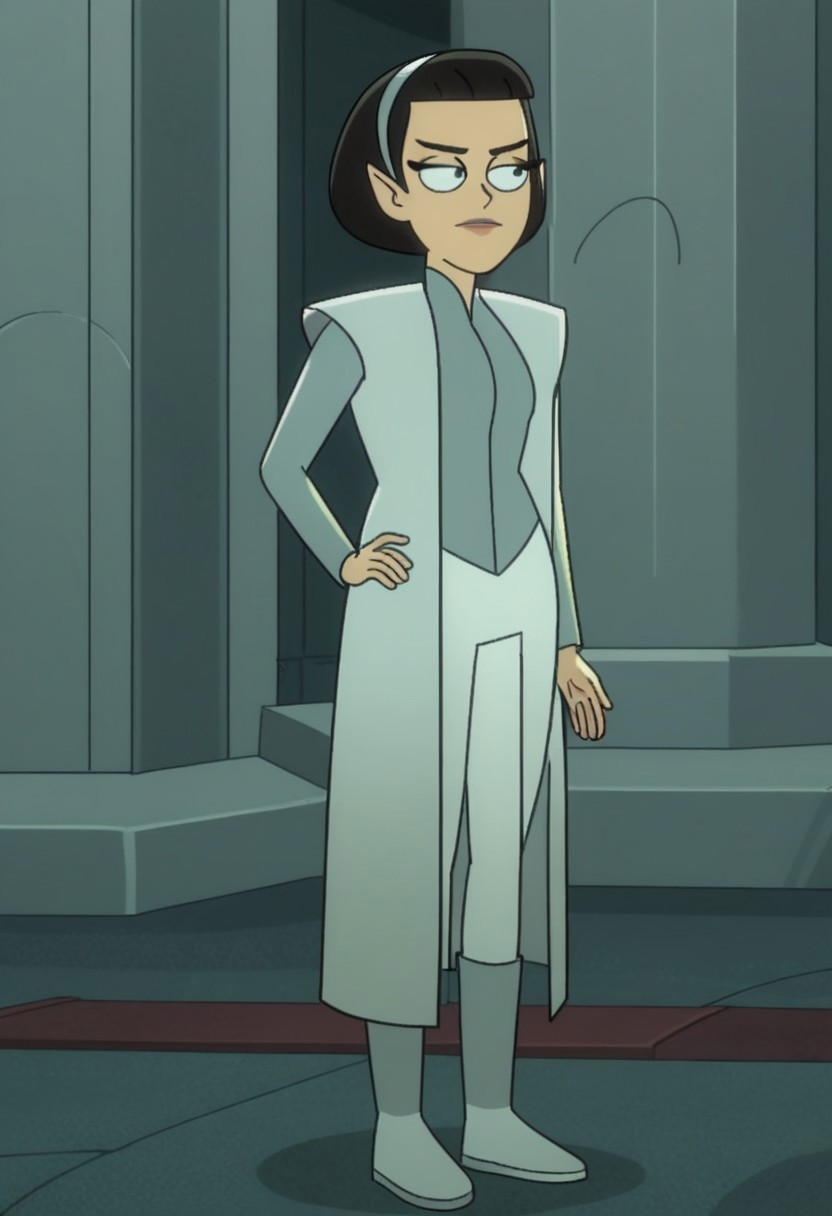 Score_9_up, score_8_up, score_7_up, BREAK 1girl, solo, tlynstld, pointy ears, short hair, black hair, sleeveless coat, white pants, white hairband, turtleneck, white boots white trim, hand on hip, temple