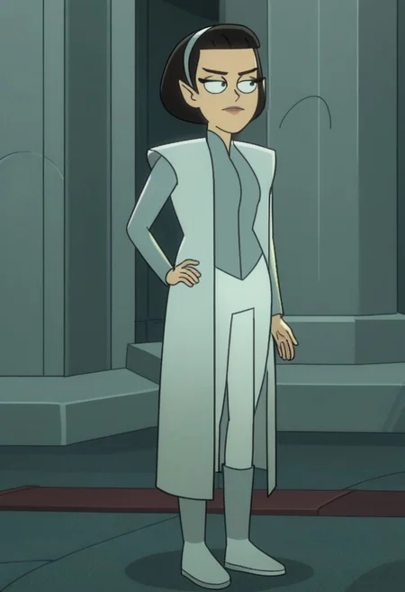 Score_9_up, score_8_up, score_7_up, BREAK 1girl, solo, tlynstld, pointy ears, short hair, black hair, sleeveless coat, white pants, white hairband, turtleneck, white boots white trim, hand on hip, temple