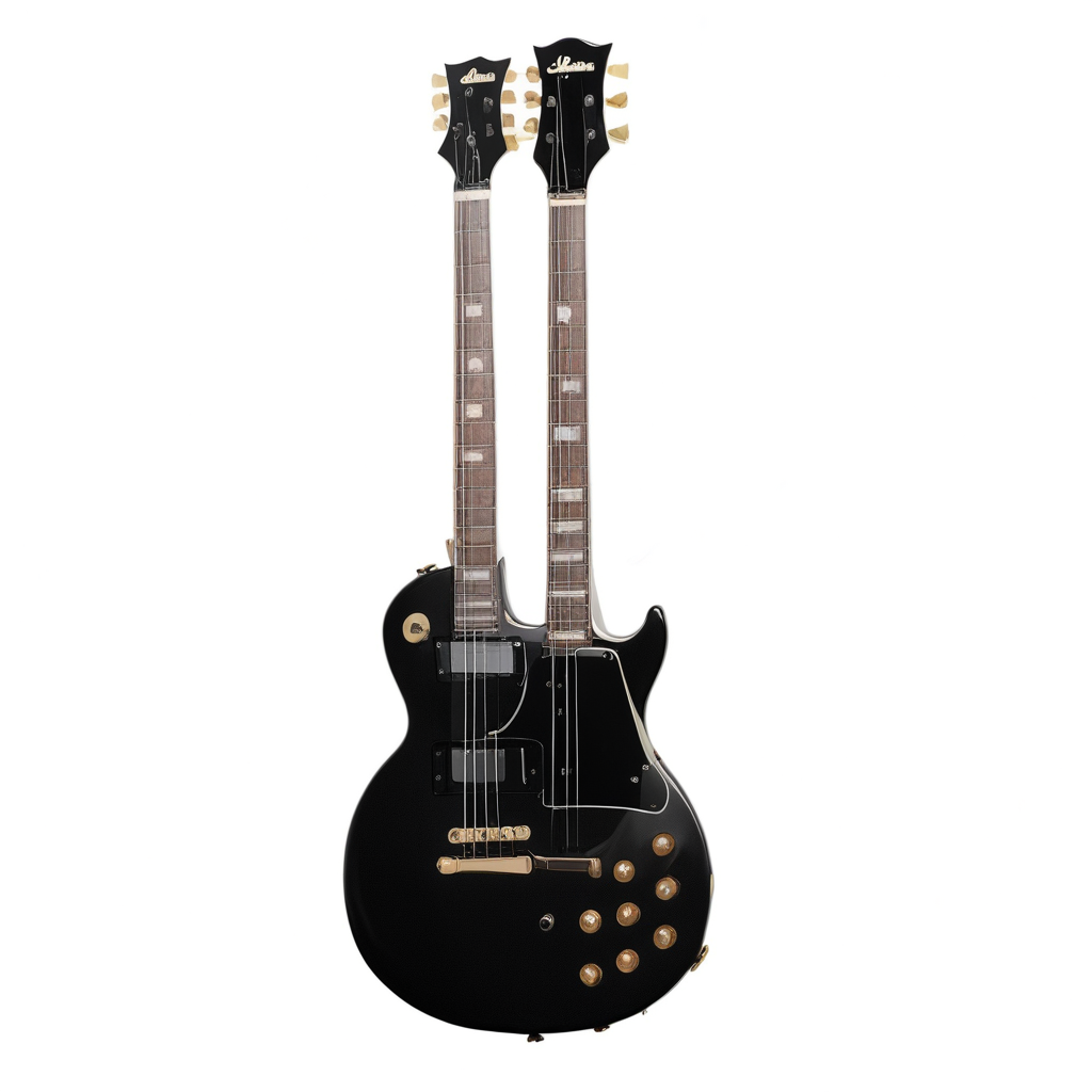 white background, solo, still life, bass guitar, electric guitar, instrument, gibson les paul, no humans