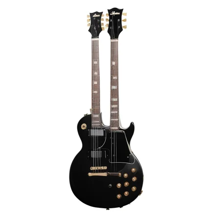 white background, solo, still life, bass guitar, electric guitar, instrument, gibson les paul, no humans