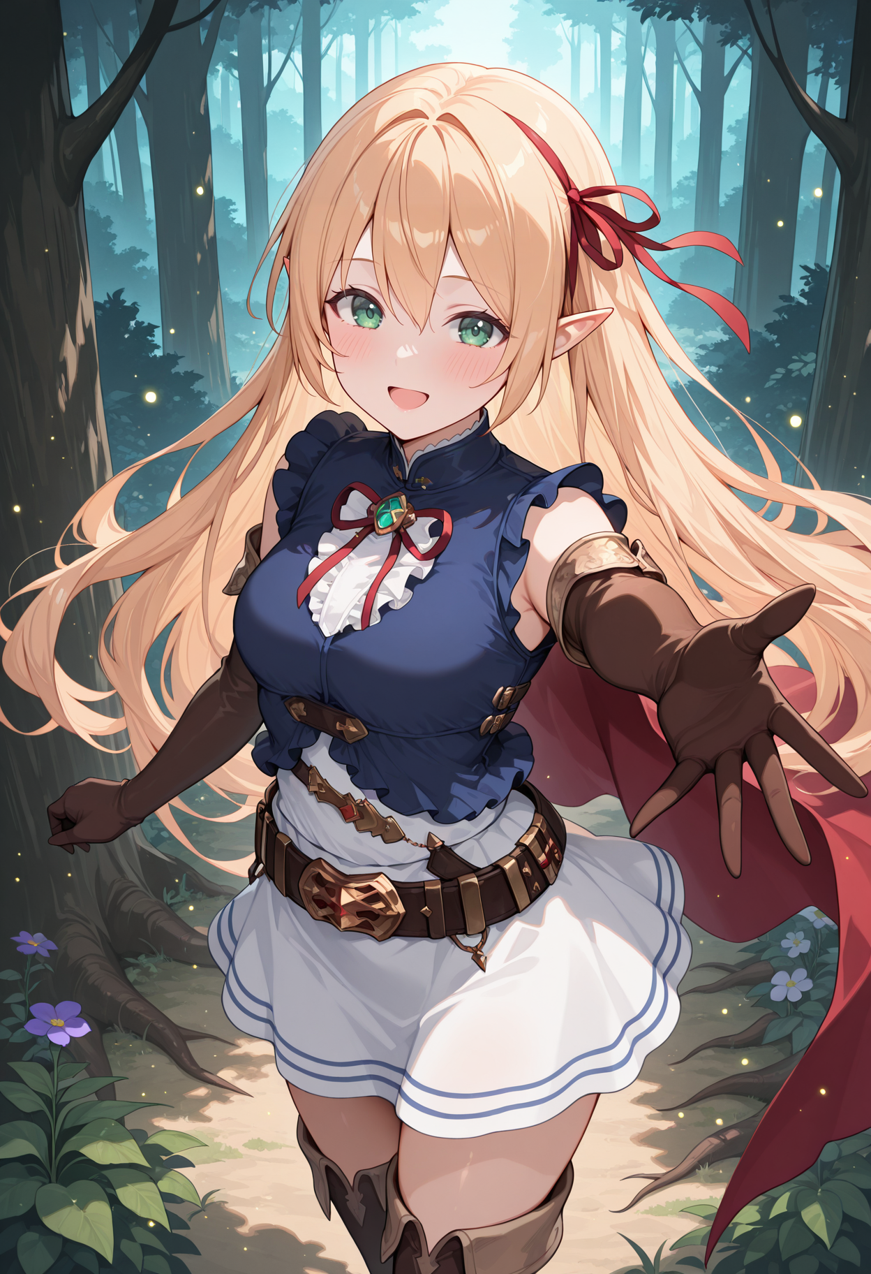 highres, best quality, masterpiece, outdoors, forest, light particles, flower, plant roots, 
1girl, solo, cygarisa, elf, long hair, blonde hair, pointy ears, green eyes, hair ribbon, red ribbon,
cyaridef, blue shirt, center frills, sleeveless shirt, high-waist skirt, white skirt, belt, belt buckle, elbow gloves, brown gloves, thigh boots, red cape,
looking at viewer, blush, smile, open mouth, 
standing, from above, outstretched arm, cowboy shot, 
<lora:_arisa_shadowverse-elesico-ilxl-000014:1>