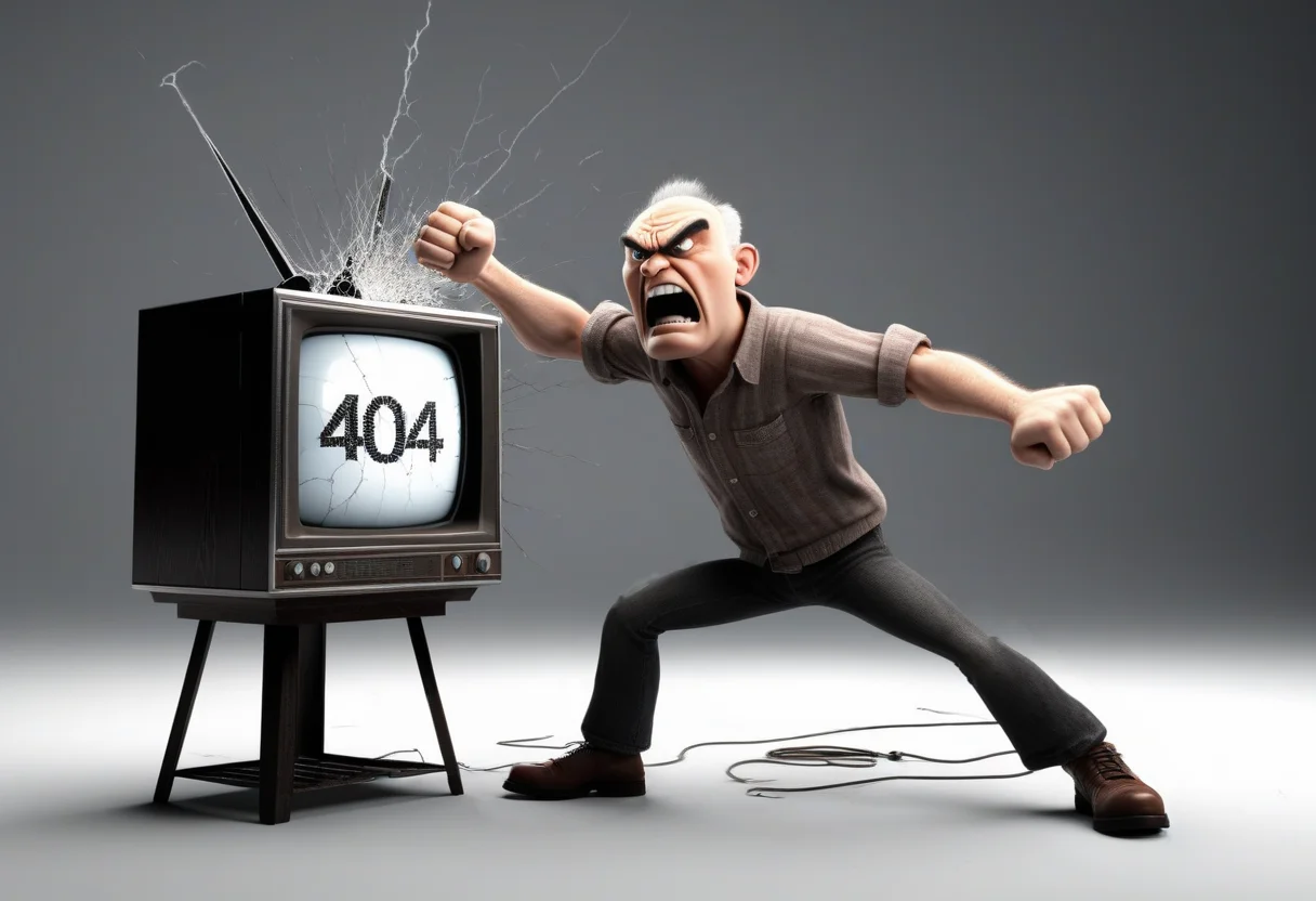 professional 3d model angry man hitting old dumb broken tv displaying the text "404" in static, 3d, game, clean hands, <lora:ClearHand-V2:1>, fist . octane render, highly detailed, volumetric, dramatic lighting