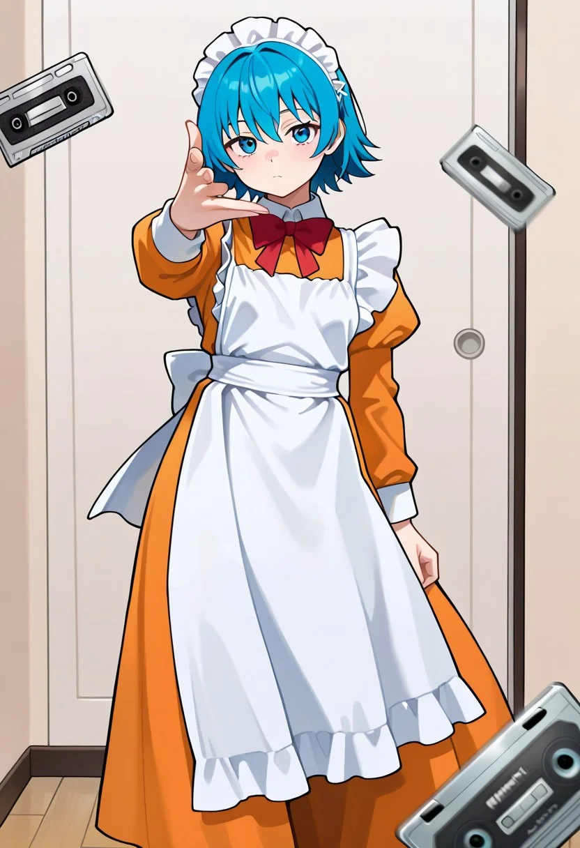 (amazing quality, detailed, absurd res, (masterpiece:1.2), (best quality:1.2), (high quality:1.2), hi res, (very aesthetic:1.2), (very awa:1.2)),
1girl, female, solo, detailed background, best quality, high detailed, BREAK, Chikoi the Maid, maid, white maids headband, blue hair, short hair, red bow tie, orange maid suit, blue eyes, ss-3mthr0w-illu, arm forward, (throwing cassette tape:1.2), looking at viewer, midair, motion blur, simple backgroundб