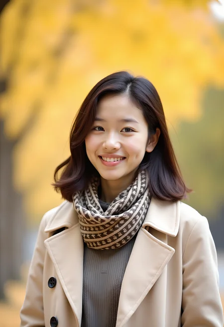 Photograph of a young asian woman standing in an outdoor setting with autumnal foliage. She has a friendly smile and is gazing directly at the camera. The subject, likely of East Asian descent, has shoulder-length, dark brown hair and is dressed warmly in a light-colored, buttoned-up coat with a patterned scarf draped over her shoulder. The background features blurred yellow leaves, creating a soft and warm color palette. The soft focus and shallow depth of field emphasize the woman's face, making her the focal point of the image. The bright and natural lighting enhances the overall calm and serene mood of the photograph. <lora:April:0.65>