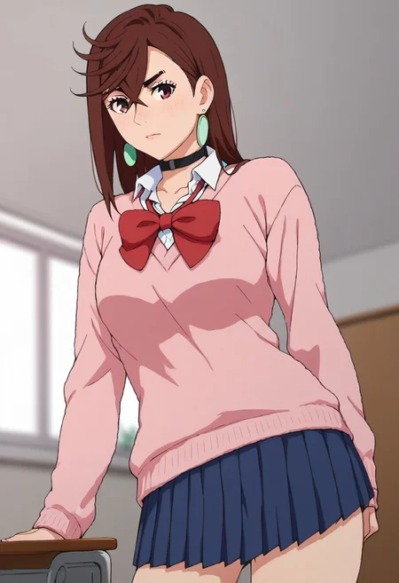 (SFW),score_9,score_8_up,score_7_up,score_6_up,chromatic aberration,1girl,ayase momo,brown hair,red eyes,red hair,long hair, earrings,jewelry, choker,black choker, breasts,school uniform,collared shirt,skirt,blue skirt,pleated skirt, sweater,pink sweater,red bow,socks,shoes,white socks,dark,under light,posing,sexy,indoors,living room,blurry, blurry background,cowboy shot, dutch angle