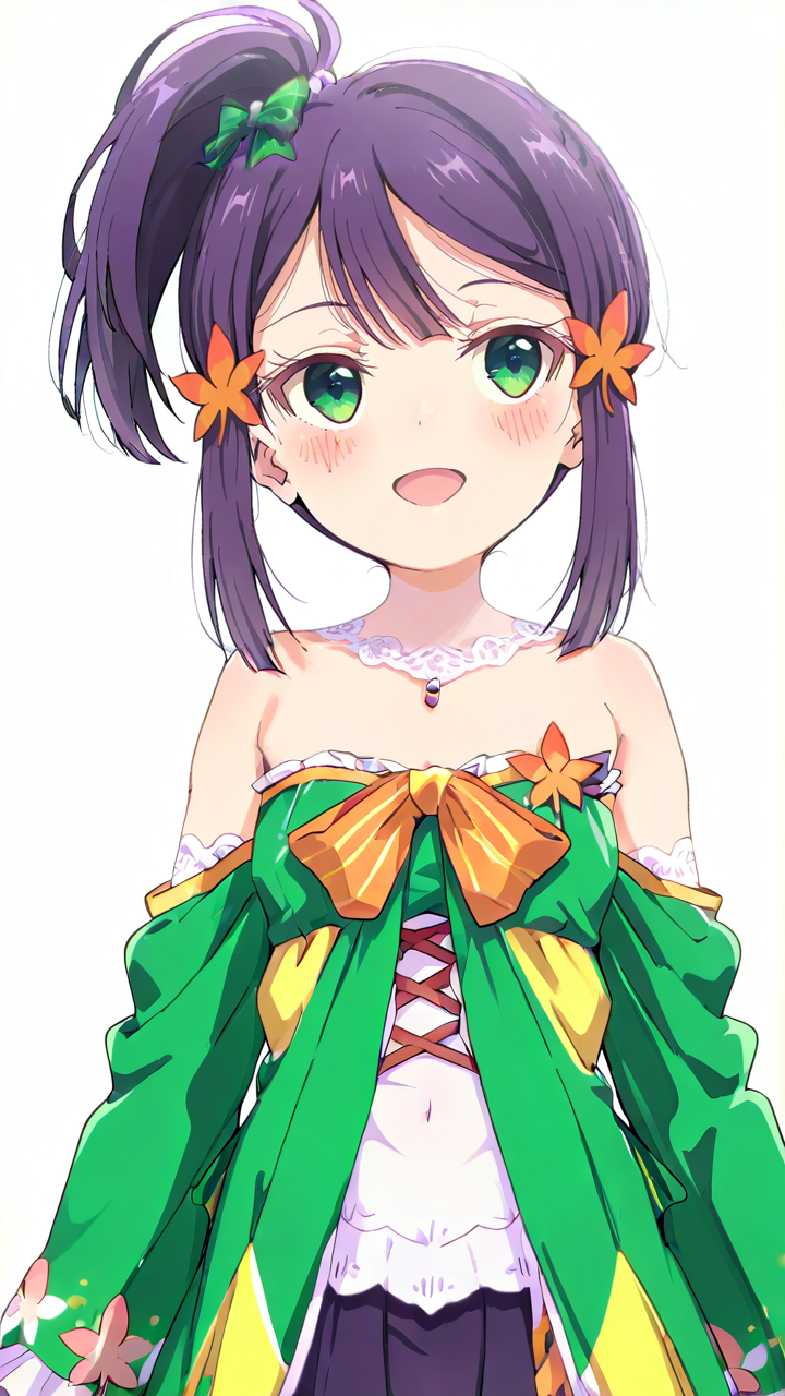 white_background,simple background,1girl,solo,full_shot,looking_at_viewer,blush,anime screenshot,sincos,<lora:Kaede_Illustrious_v15:1>,Kaede,looking_up,Kaede-idol,:d,green bow,, masterpiece, best quality
