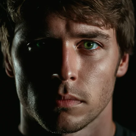 cinematic film still of  <lora:Split Lighting style v2:1>
Split Lighting Photography of a man with a teary face and a black background,solo,looking at viewer,brown hair,1boy,green eyes,male focus,parted lips,black background,portrait,realistic,dark ,realistic , realistic, realism, photorealism, hyperrealism, hyperrealistic, realistic, sharp, detailed, cinematography style, film light style, movie still,  professional photography, artistic, perfection, contrast, cinematic, filmic, high quality photo,  8k quality, colorful, partially covered in shadow, dark shadow, split light, side light, Split Lighting Photography style, shallow depth of field, vignette, highly detailed, high budget, bokeh, cinemascope, moody, epic, gorgeous, film grain, grainy