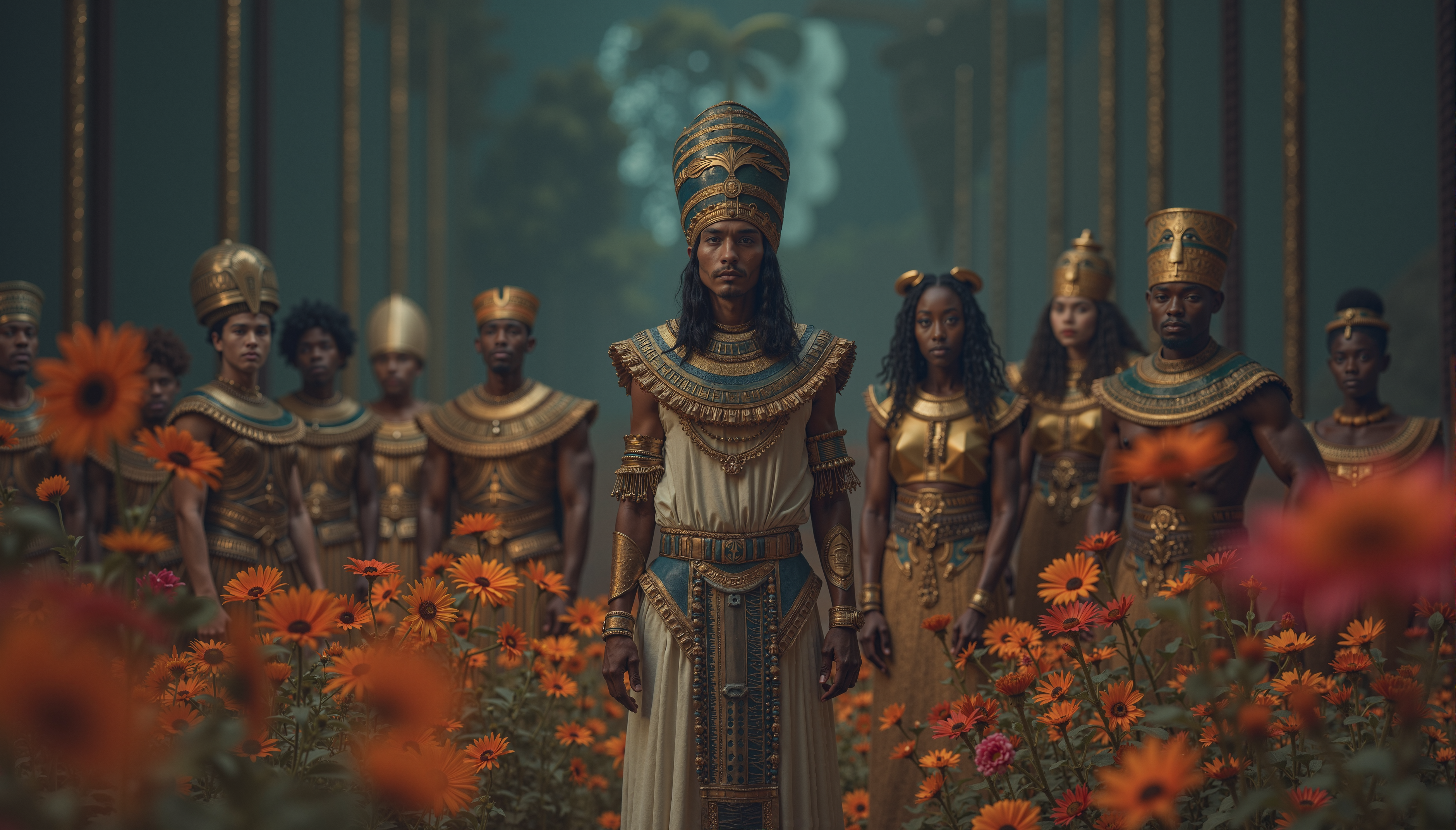 Professional photograph of a group of people dressed in ancient Egyptian attire standing in a row. The central figure is a man wearing an elaborate Egyptian god pharaoh costume, which includes a large ornate headdress with a prominent plume and a necklace. He is flanked by several others similarly dressed in elaborately detailed historical Egyptian garments. The outfits include tunics, belts, and headdresses typical of ancient Egyptian royalty and nobility.  The background is dark and somewhat abstract, with vertical lines and a gradient of colors ranging from dark blue to purple. The overall color palette of the image is muted, dominated by shades of brown, gray, and blue. The lighting seems muted, which creates a dramatic and somewhat mysterious atmosphere.  The people in the photograph stand in a straight line, facing forward, their bodies slightly tilted toward each other. The pose of the central figure is commanding, suggesting leadership or authority. The central figure's attire and headdress are particularly elaborate, suggesting a high status or royal role.  Background elements, such as vertical lines and abstract shapes, give the photograph a sense of depth and complexity, enhancing its historicity and drama. The overall composition and outfits suggest historical or fantasy scene, perhaps inspired by ancient Egyptian themes. photograph, In a surreal landscape, surrounded by rows of vibrant hues, is an eclectic scene. The image is filled with the sweet fragrance of flowers of every color and size imaginable. A simple Lime green sunflower blooms in shades of yellow, red, and purple, with delicate petals that are almost as deep as human skin, and a soft white border around its center. in focus, Graphic novel, Satisfying, Black lighting, Heterotype, Sony A7, pinhole lens, Agfacolor,