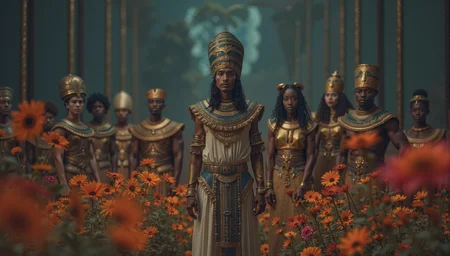 Professional photograph of a group of people dressed in ancient Egyptian attire standing in a row. The central figure is a man wearing an elaborate Egyptian god pharaoh costume, which includes a large ornate headdress with a prominent plume and a necklace. He is flanked by several others similarly dressed in elaborately detailed historical Egyptian garments. The outfits include tunics, belts, and headdresses typical of ancient Egyptian royalty and nobility. The background is dark and somewhat abstract, with vertical lines and a gradient of colors ranging from dark blue to purple. The overall color palette of the image is muted, dominated by shades of brown, gray, and blue. The lighting seems muted, which creates a dramatic and somewhat mysterious atmosphere. The people in the photograph stand in a straight line, facing forward, their bodies slightly tilted toward each other. The pose of the central figure is commanding, suggesting leadership or authority. The central figure's attire and headdress are particularly elaborate, suggesting a high status or royal role. Background elements, such as vertical lines and abstract shapes, give the photograph a sense of depth and complexity, enhancing its historicity and drama. The overall composition and outfits suggest historical or fantasy scene, perhaps inspired by ancient Egyptian themes. photograph, In a surreal landscape, surrounded by rows of vibrant hues, is an eclectic scene. The image is filled with the sweet fragrance of flowers of every color and size imaginable. A simple Lime green sunflower blooms in shades of yellow, red, and purple, with delicate petals that are almost as deep as human skin, and a soft white border around its center. in focus, Graphic novel, Satisfying, Black lighting, Heterotype, Sony A7, pinhole lens, Agfacolor,