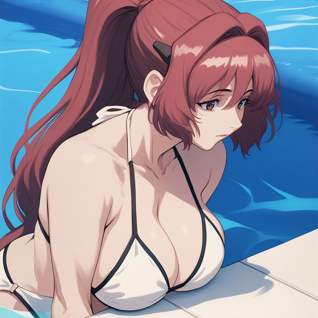 source_anime, ((score_9)),score_8_up,score_7_up,score_6_up,score_5_up,score_4_up, takama_kozue, t4k4m4k0zu3, 1woman, large breasts, brown_eyes, long hair, red hair, hair intakes, bang, sidelocks, ponytail, hairclip, white bikini, pool, masterpiece, best quality