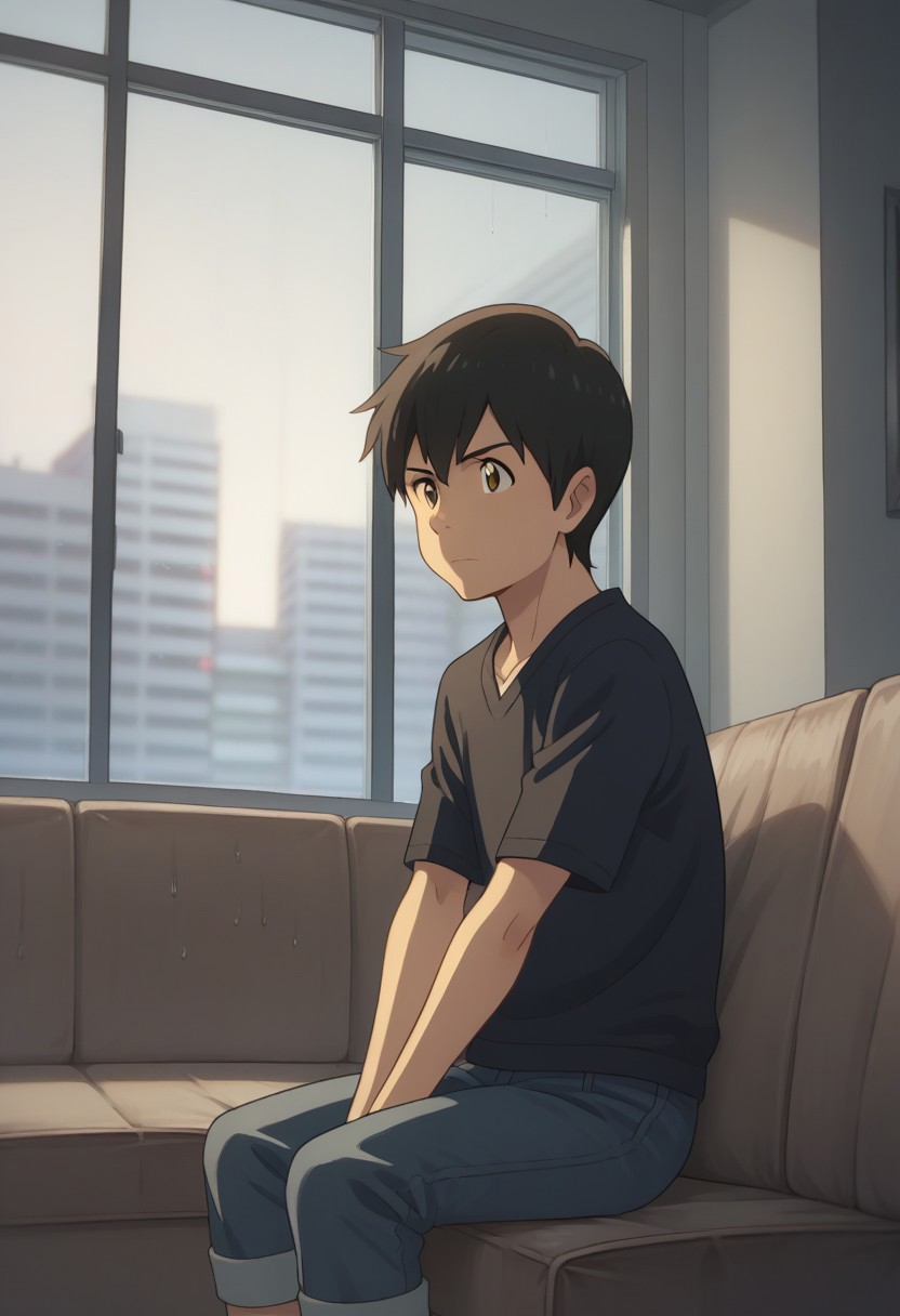score_9, score_8_up, source_anime, highly detailed, 
hodaka, 1boy, male focus, solo, black hair, brown eyes, pants, t-shirt, rolled up pants, socks, upper body, frowm,
indoor, couch, sit, window, rain,