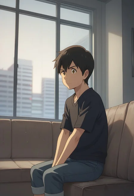 score_9, score_8_up, source_anime, highly detailed,
hodaka, 1boy, male focus, solo, black hair, brown eyes, pants, t-shirt, rolled up pants, socks, upper body, frowm,
indoor, couch, sit, window, rain,